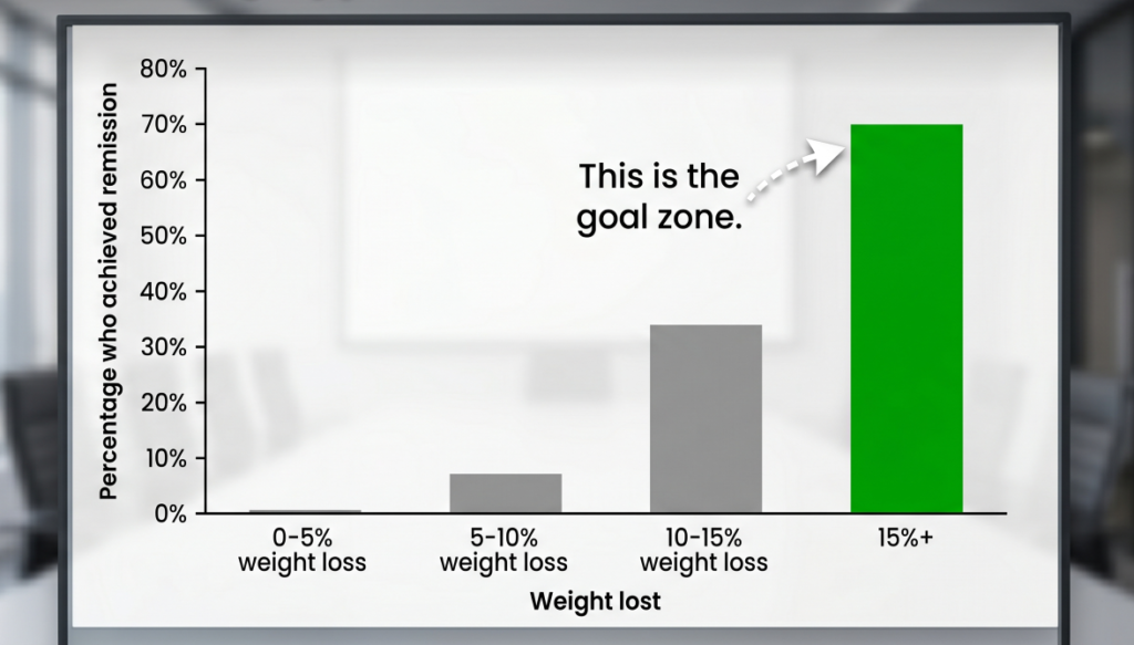 Bar chart showing weight loss vs. remission percentage